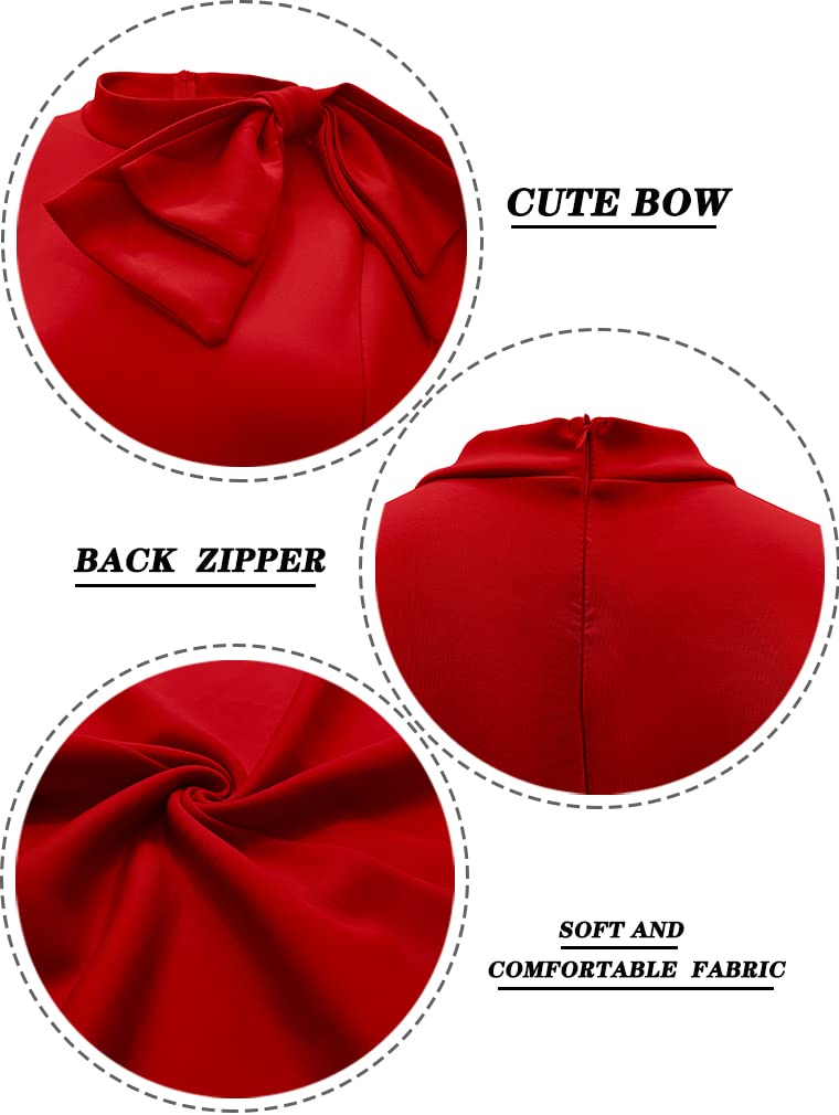 LAGSHIAN Women Fashion Peplum Bodycon Short Sleeve Bow Club Ruffle Pencil Party Dress Red - Image 2
